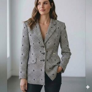 Vtg ESCADA Blazer Jacket Optical Illusion Checkered Black White Wool/Silk Sz 42
